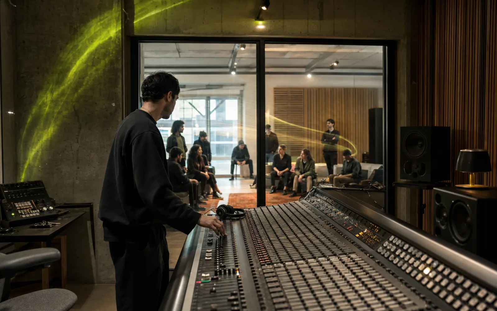 Independent artist presenting music in a professional studio listening session