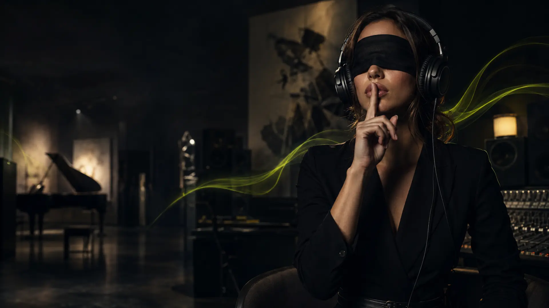 Woman wearing headphones and a blindfold making a silence gesture