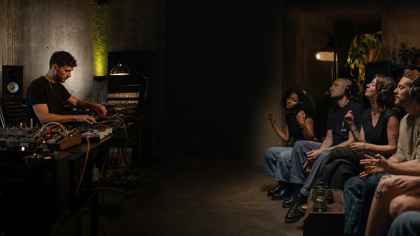 Electronic producer performing a track for a focused group of real listeners in a Berlin studio