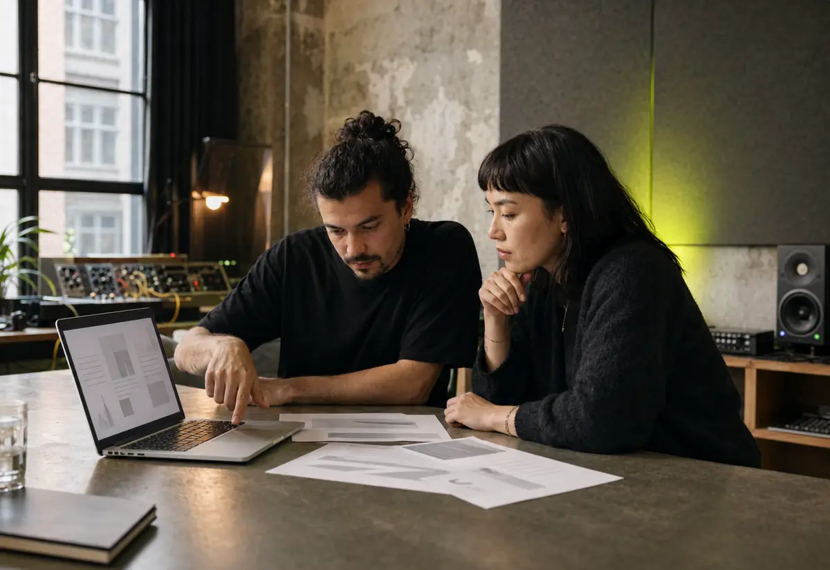 Artist and manager reviewing a release campaign report in the studio