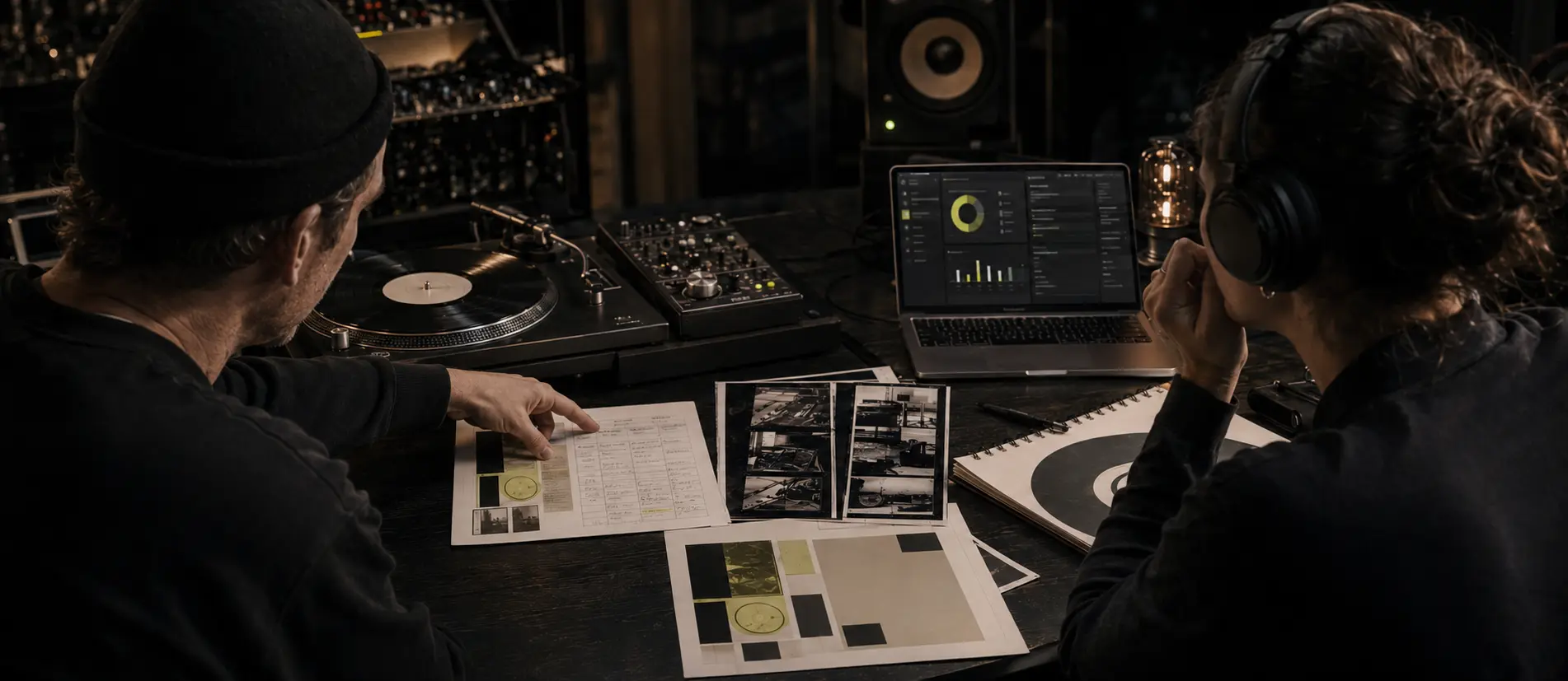 Producer and campaign strategist reviewing a release plan together in a professional music studio